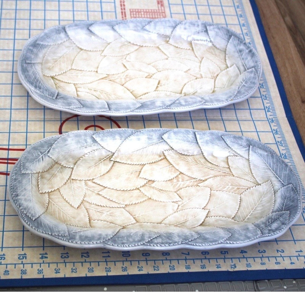 Vintage Made in Italy Ceramic Leaf Embossed Oval Serving Platters Set of 2 Blue